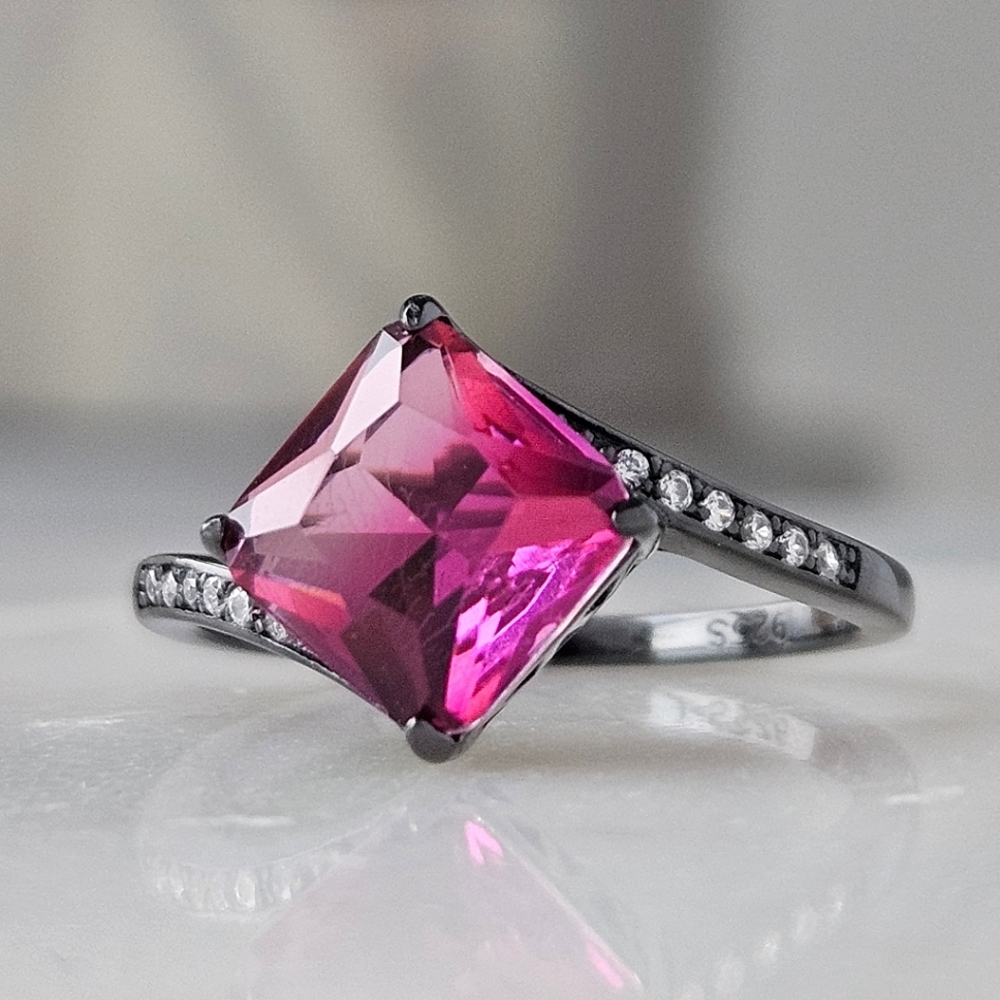 Pink Topaz Gemstone Ring, real 925 Sterling Silver, Black Gold Finish